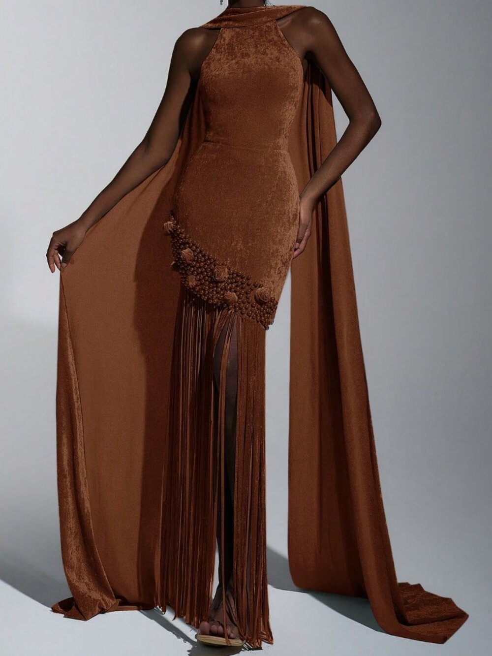 Brown Elegant Romantic Women's Velvet Tassel Sequin Party Dress - Picture 6 of 8